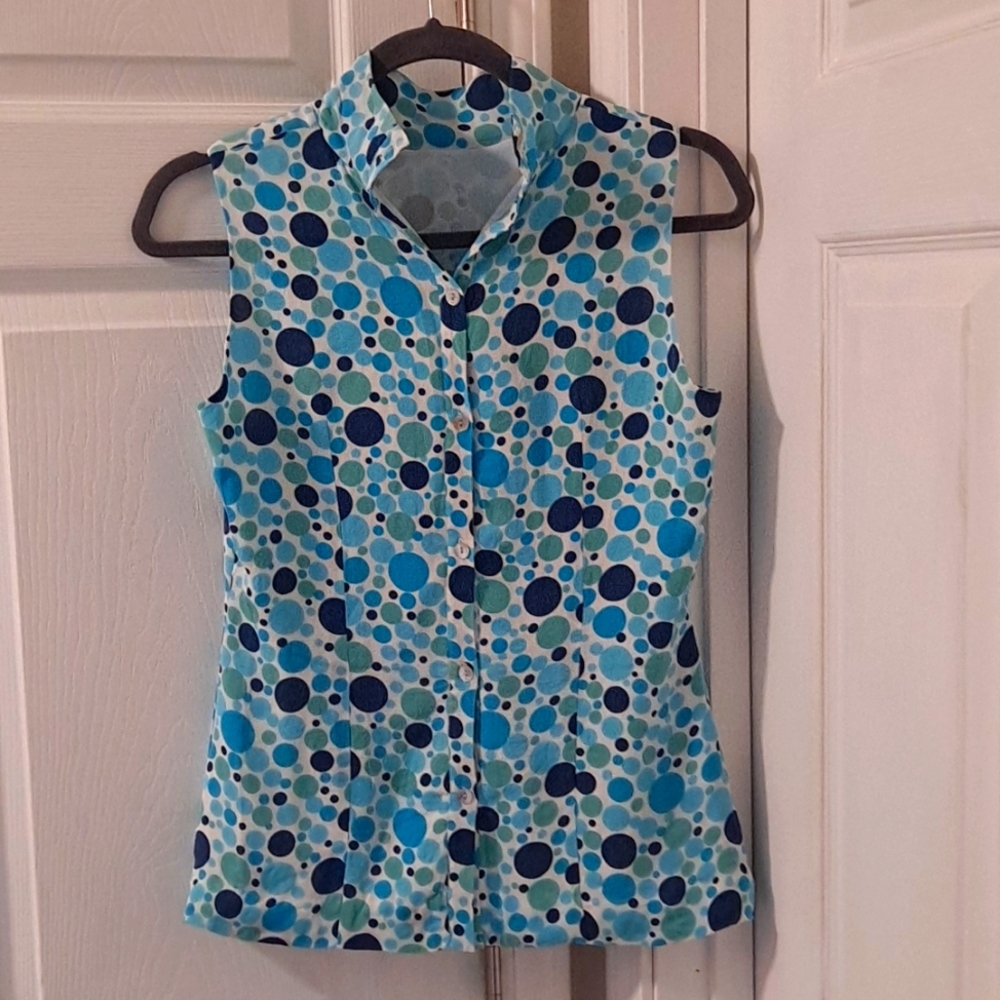 Blue and White Polka-Dot Sleeveless Blouse Size 6 Casual Corner